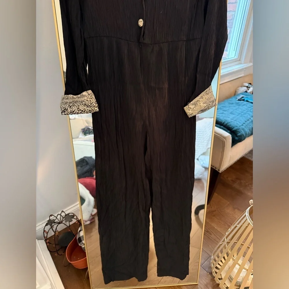 Vintage Visage  Black Crinkle Material Jumpsuit with Animal Pritn Trim